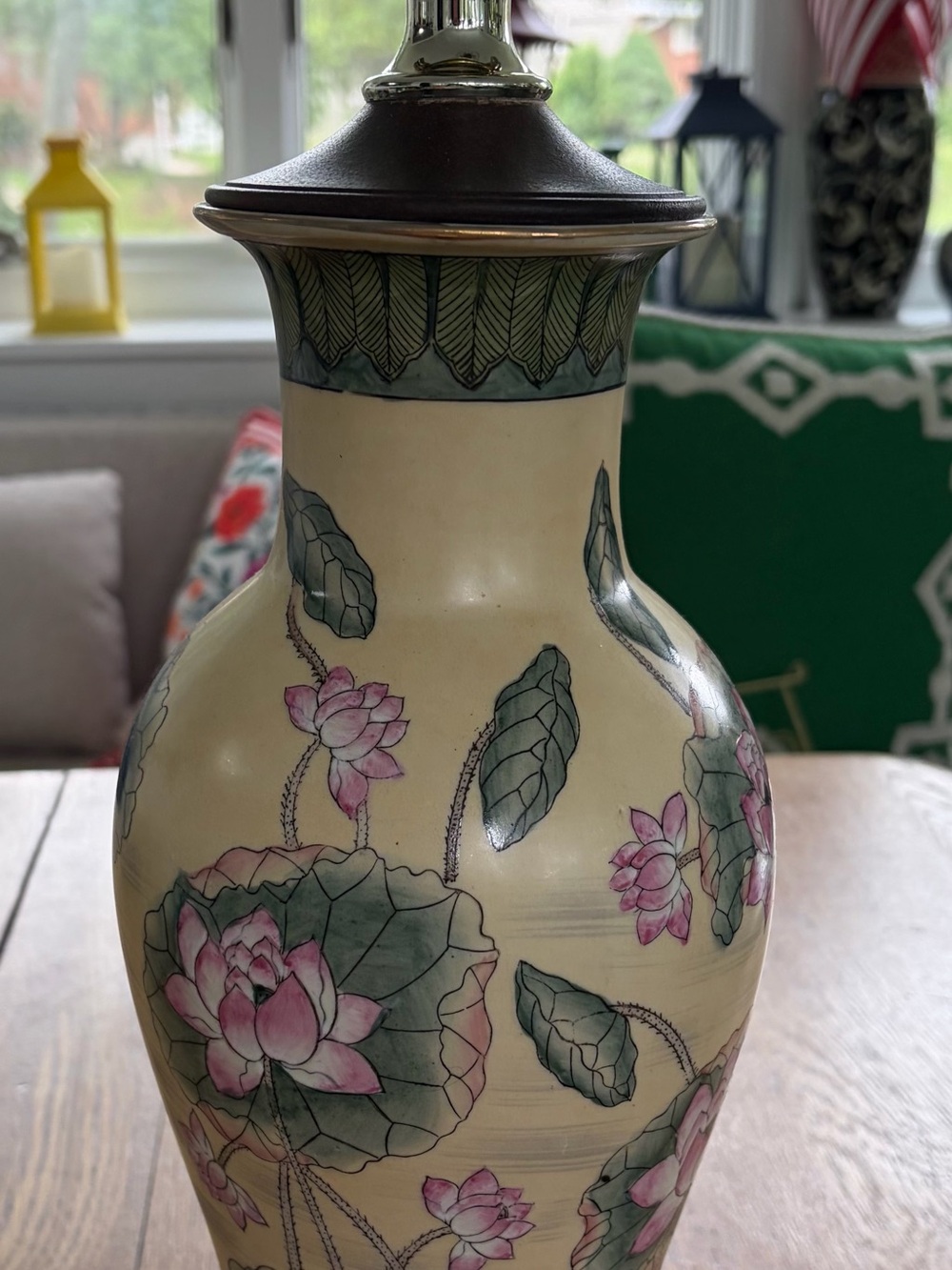 Source Unknown Pink Lotus Ceramic Vase with Green Leaves